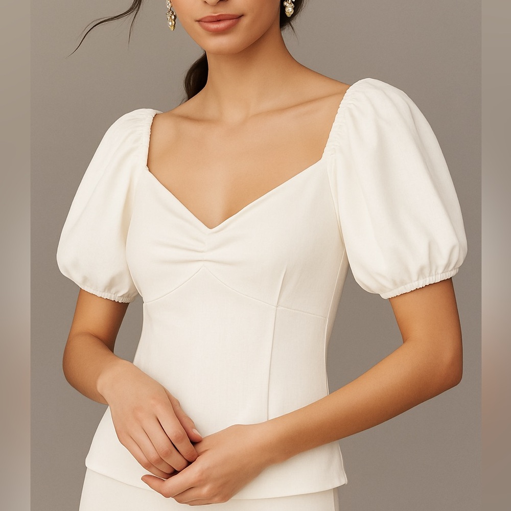 🎀 White Sweetheart Neckl Puff Sleeve Top Small